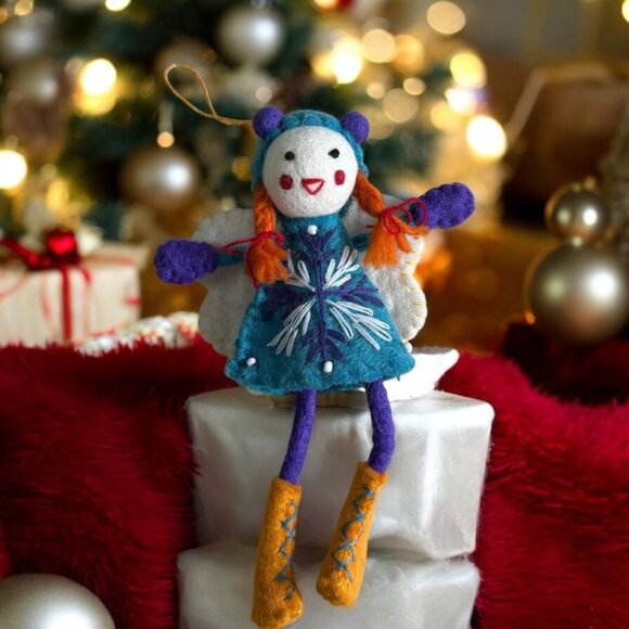 Handcrafted Felt Angel Alpine Girl Ornament With Wings Embroidered Dress Braids - Picture 1 of 9